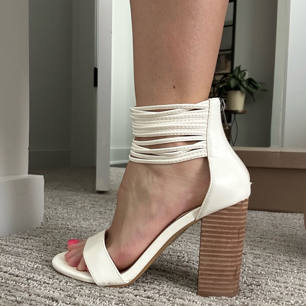 White Ankle Strap Block Heels